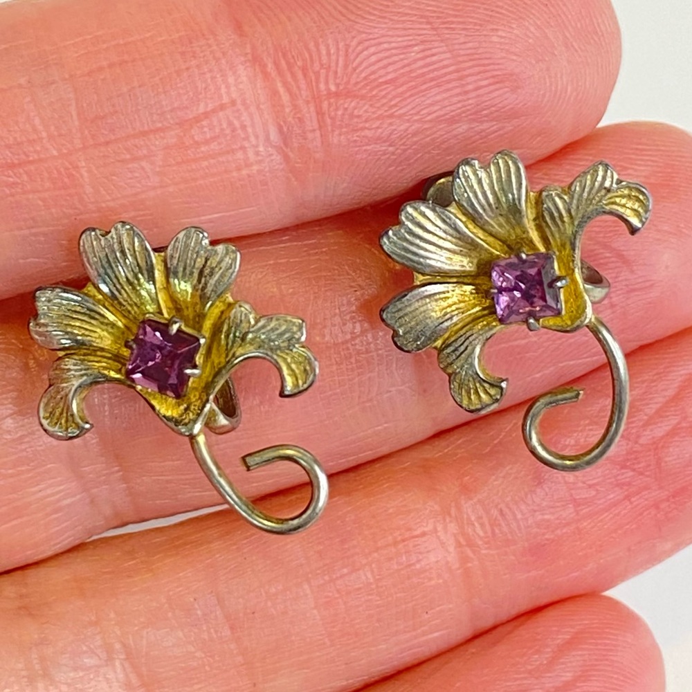 Vintage Sterling Silver Floral Screwback Earrings Vermeil Purple Pink Stone 40s